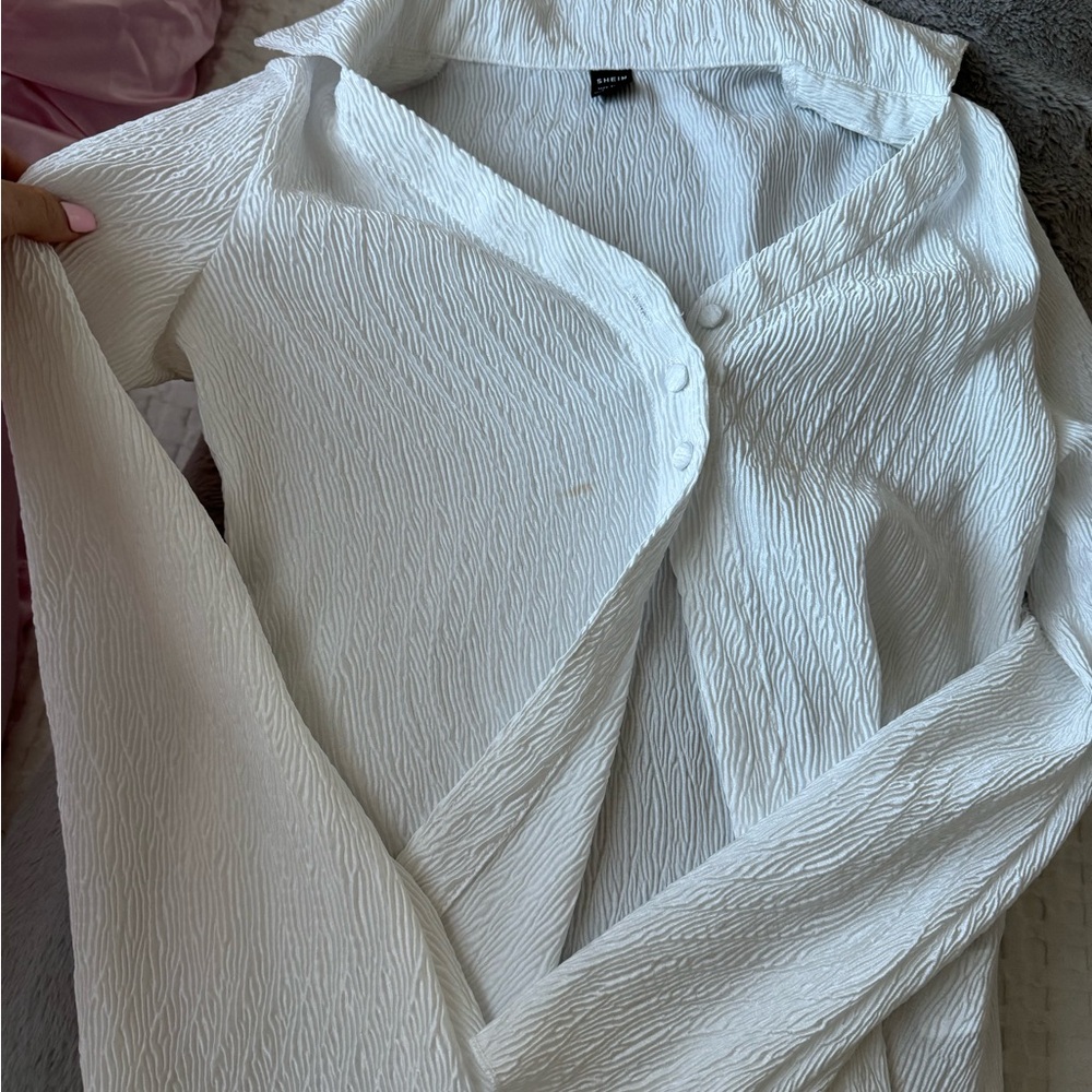White Textured Blouse- Open Button Up